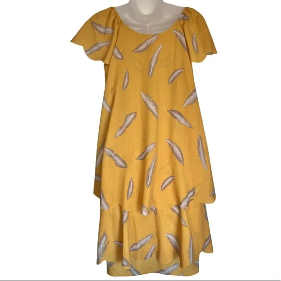 Karen Zambos KZ Feather Print Scalloped Dress Mustard Yellow Boho Size XS - Picture 6 of 10
